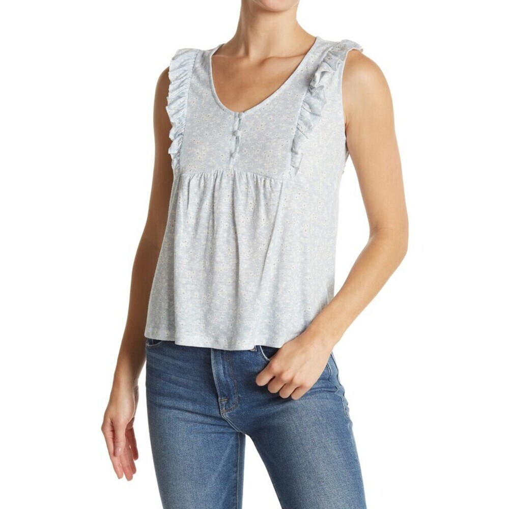 Como Vintage Women's Ruffle Floral Print Tank Linen Blend Top In Blue Size M